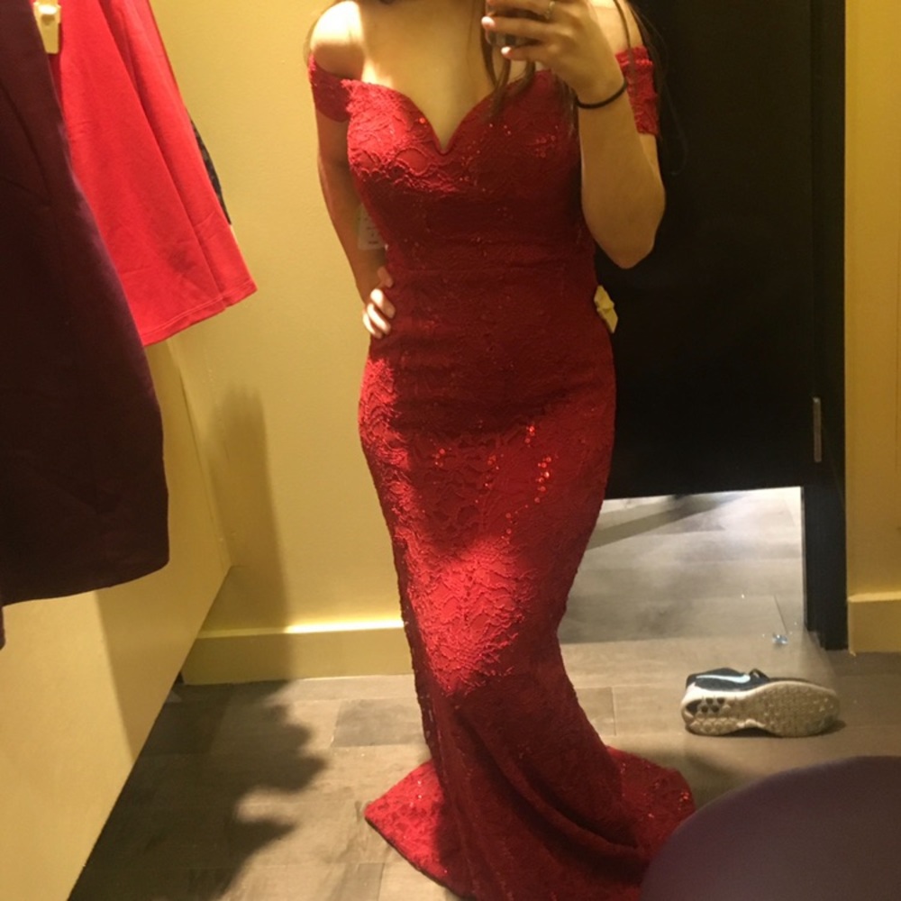 Off shoulder full length dress petite fit